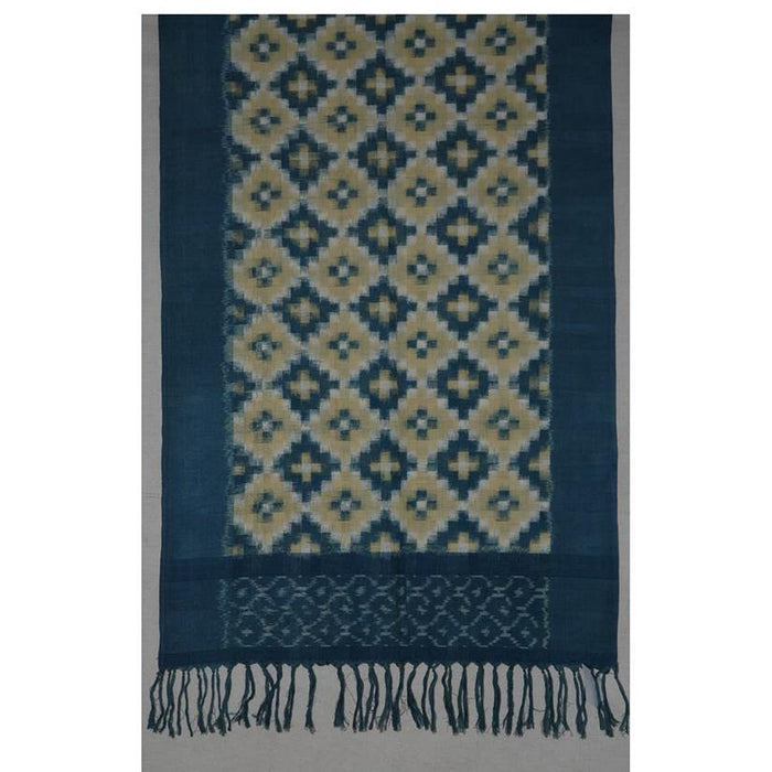 Blue and Ochre Yellow Double Ikat Handloom Stole with Selavu Pattern - TVAMI