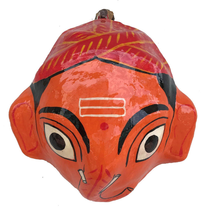 Nakashi mask, orange mask, kidengage, art, orange Nakashi mask, face mask, saw dust, tamarind seed, Ganesha mask, Ganesha cheriyal, Telangana art