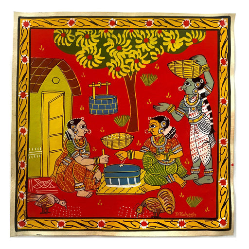 Nakashi, village, scroll, Telangana, painting, warangal, Telangana art, village art, harvest painting, traditional art, village scenery, 
