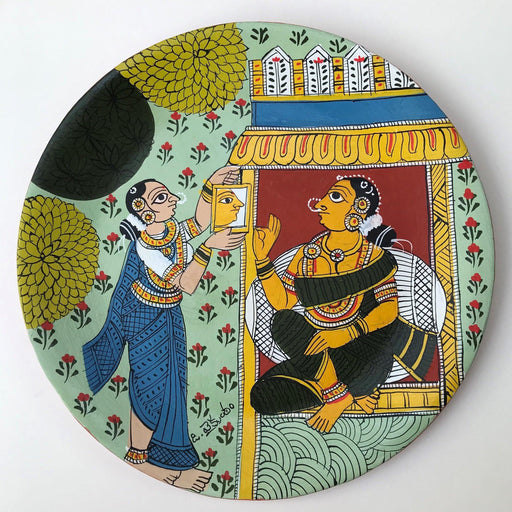 Cheriyal Painting, Nakashi Art, miniatured cheriyal painting, cheriyal handprinted wall hanging plate, painting of rural women, Telangana folk art