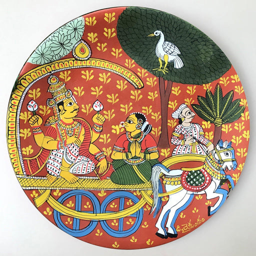 Cheriyal Painting, Nakashi Art, miniatured cheriyal painting, cheriyal handprinted wall hanging plate, lord vishnu devotees painting, Rural women painting, Rural women worshiping Lord Vishnu wall painting, Telangana folk art