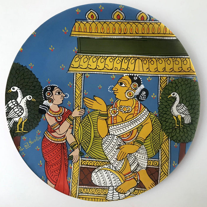 Cheriyal Painting, Nakashi Art, miniatured cheriyal painting, cheriyal handprinted wall hanging plate, Rural woman painting, Telangana folk art
