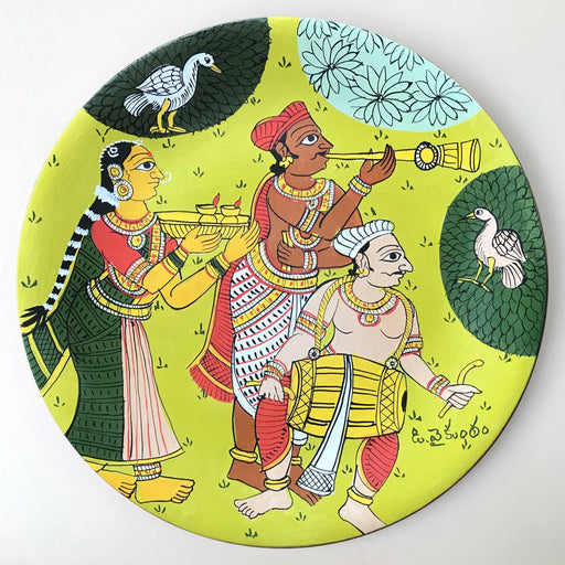 Cheriyal Painting, Nakashi Art, miniatured cheriyal painting, cheriyal handprinted wall hanging plate, Rural men and women painting, Festival celebration painting, Celebration painting, Telangana folk art