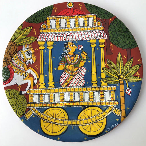Cheriyal Painting, Nakashi Art, miniatured cheriyal painting, cheriyal handprinted wall hanging plate, Royal painting, Queen riding in a chariot painting, Telangana folk art