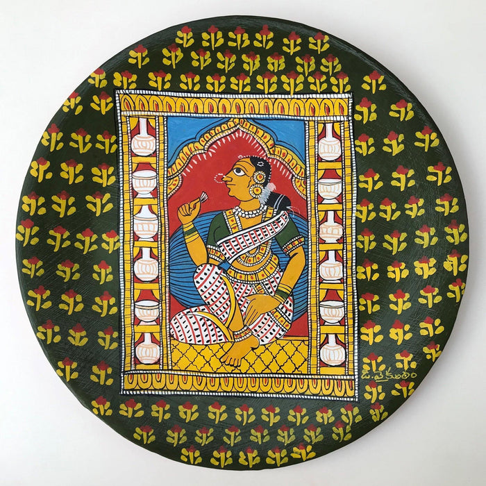 Cheriyal Painting, Nakashi Art, miniatured cheriyal painting, cheriyal handprinted wall hanging plate, portrait of a woman painting, woman painting, Telangana folk art