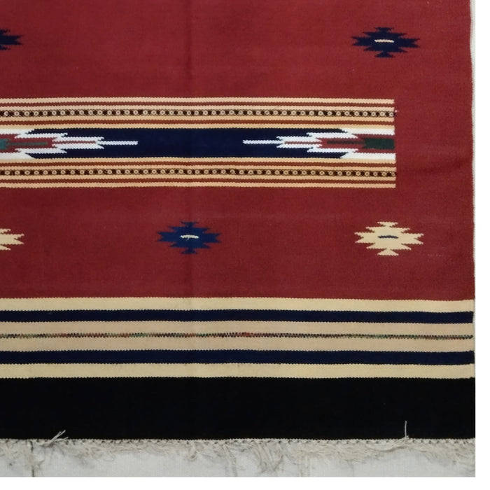 Red, Blue and Black, Warangal, Warangal, GI Tag, Dhurrie, Durrie, Handwoven dhurrie, Cotton floor covering, Padmasali, Pit Loom, Crafts of Telangana, Handloom Durrie, Interlocking technique, Tapestry 
