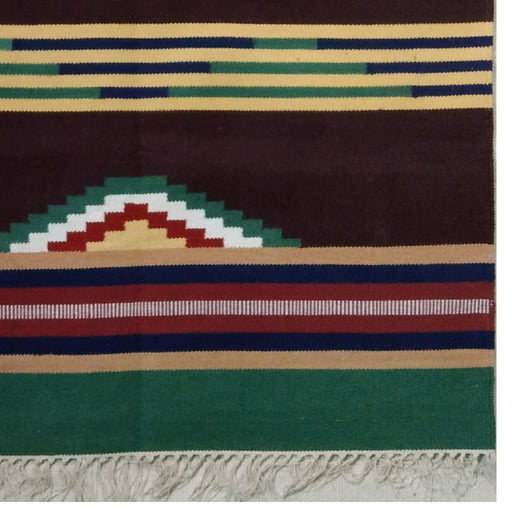 Brown, Red, Green and White, Warangal, Warangal, GI Tag, Dhurrie, Durrie, Handwoven dhurrie, Cotton floor covering, Padmasali, Pit Loom, Crafts of Telangana, Handloom Durrie, Interlocking technique, Tapestry 