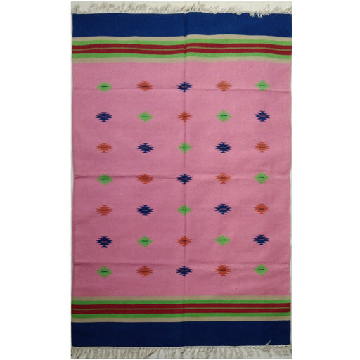 Pink and multi colour, Warangal, Warangal, GI Tag, Dhurrie, Durrie, Handwoven dhurrie, Cotton floor covering, Padmasali, Pit Loom, Crafts of Telangana, Handloom Durrie, Interlocking technique, Tapestry 