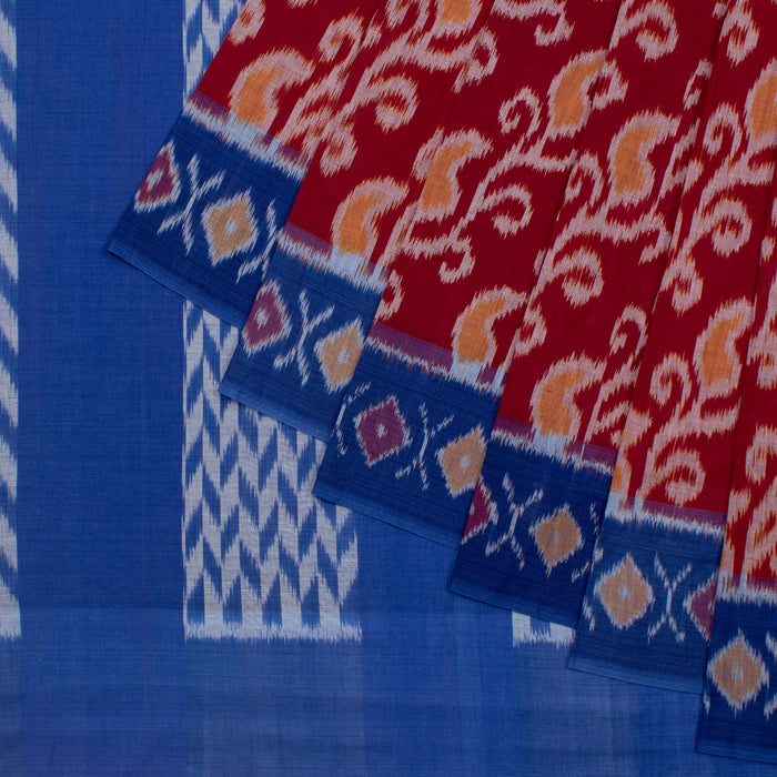 Soothing Embrace, Pochampally Single Ikat Saree in Red and Indigo Blue