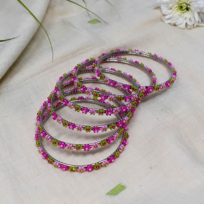 Pink and Green Floral Beadwork Bangles
