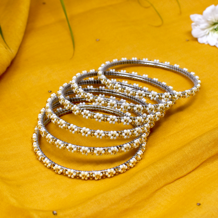 White and Gold Floral Beadwork Bangles