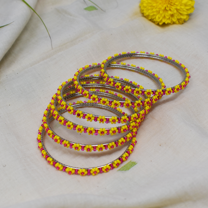 Yellow and Pink Floral Beadwork Bangles