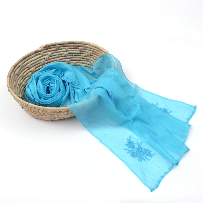 Pavan, Turquoise Blue Chanderi Stole with Chikankari Embroidery