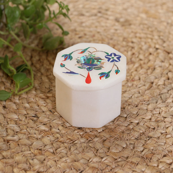 Naila, White Marble Trinket Box Inlaid with Gemstones