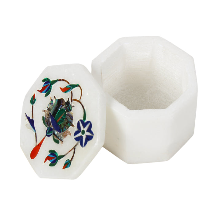 Naila, White Marble Trinket Box Inlaid with Gemstones