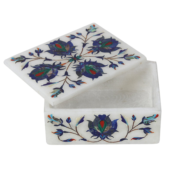 Maryam, White Marble Jewellery Box Inlaid with Gemstones