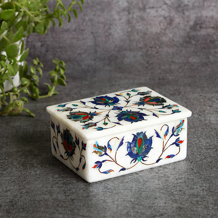 Amrin, White Marble Jewellery Box Inlaid with Gemstones
