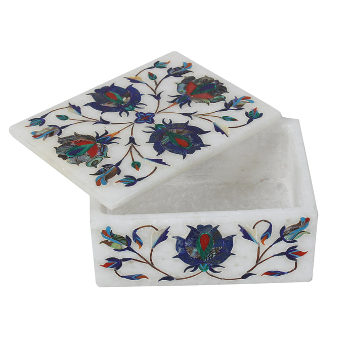 Amrin, White Marble Jewellery Box Inlaid with Gemstones