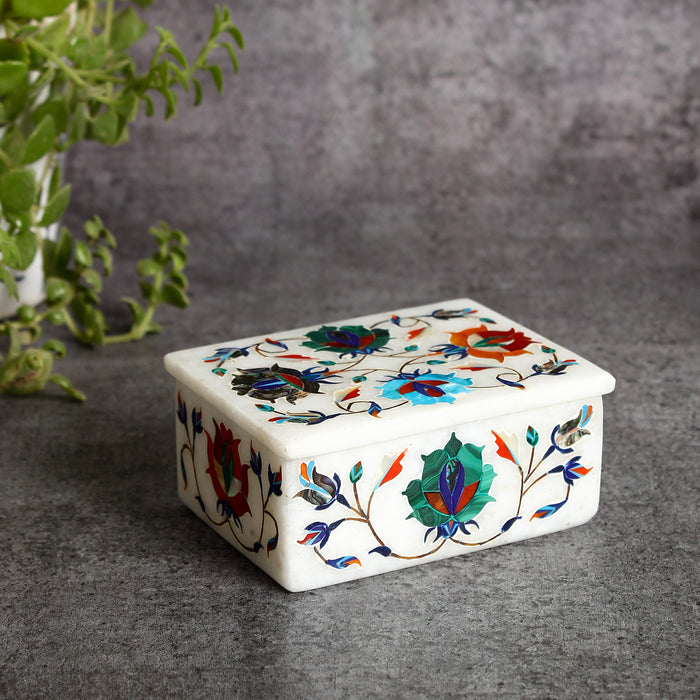 Aalin, White Marble Jewellery Box Inlaid with Gemstones