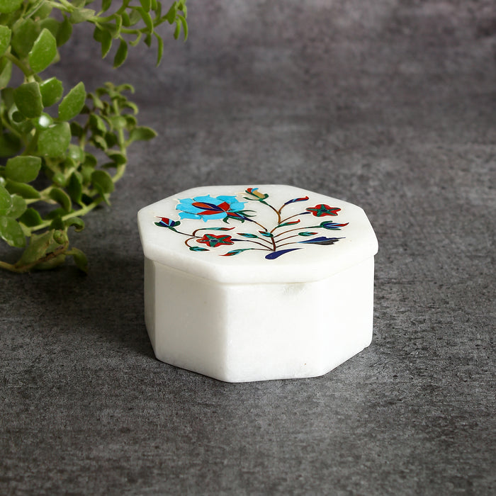 Nazah, White Marble Jewellery Box Inlaid with Gemstones