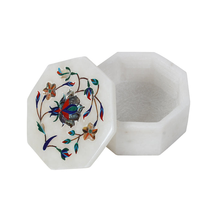 Nikhat, White Marble Jewellery Box Inlaid with Gemstones
