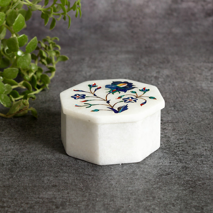Nusrat, White Marble Jewellery Box Inlaid with Gemstones