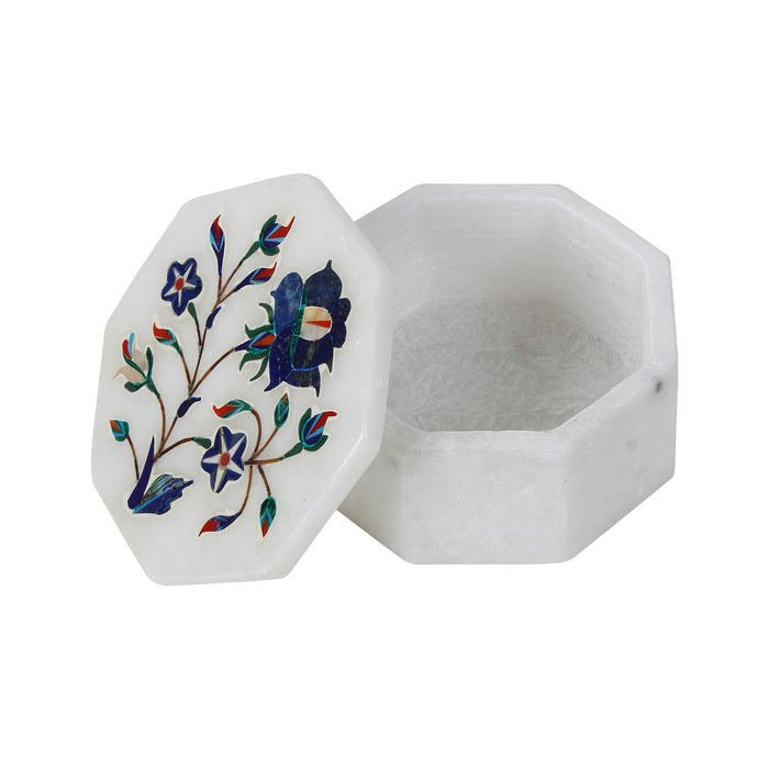 Nusrat, White Marble Jewellery Box Inlaid with Gemstones