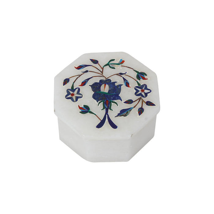 Nadira, White Marble Jewellery Box Inlaid with Gemstones