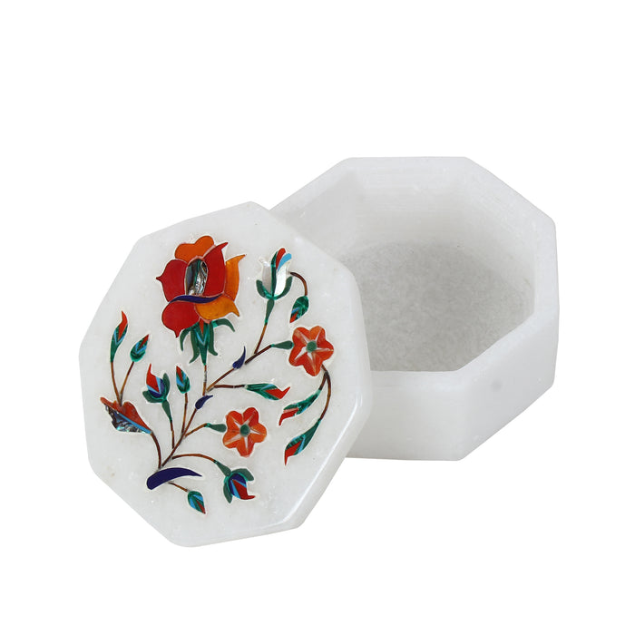 Nurin, White Marble Jewellery Box Inlaid with Gemstones