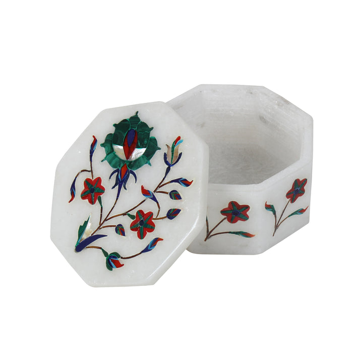 Aayat, White Marble Jewellery Box Inlaid with Gemstones