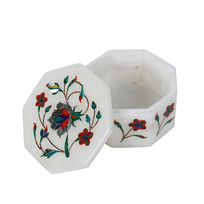 Ayra, White Marble Jewellery Box Inlaid with Gemstones