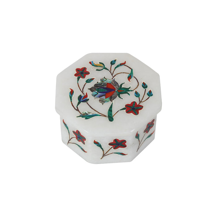 Ayra, White Marble Jewellery Box Inlaid with Gemstones