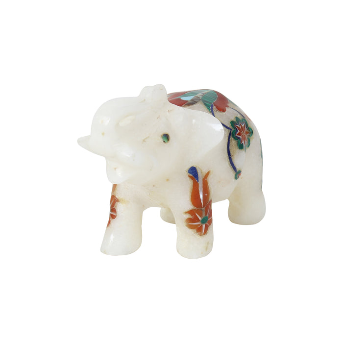 Aayan, White Marble Elephant Figurine Inlaid with Gemstones
