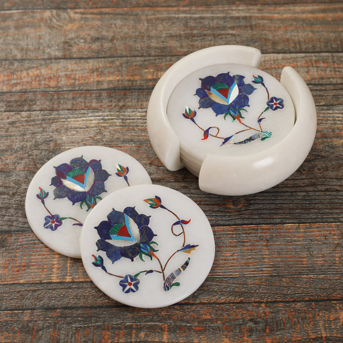 Neel, White Marble Coasters Inlaid with Gemstones