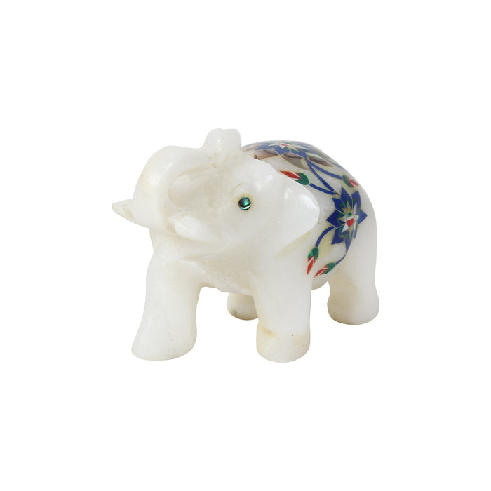 Arif, White Marble Elephant Figurine Inlaid with Gemstones