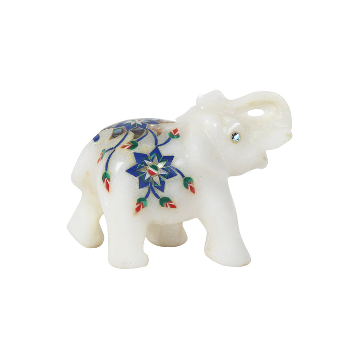 Arif, White Marble Elephant Figurine Inlaid with Gemstones