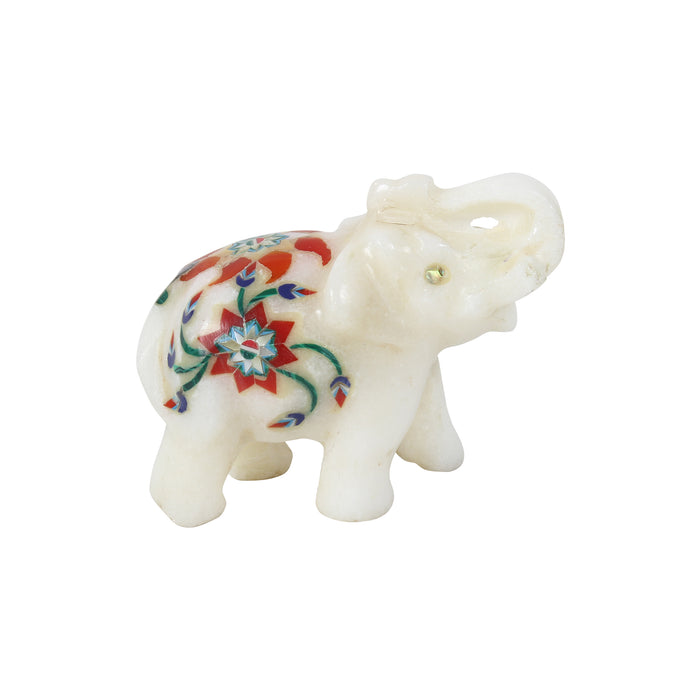 Majeed, White Marble Elephant Figurine Inlaid with Gemstones