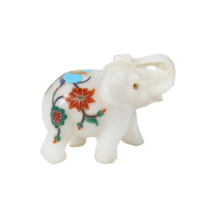 Farsheed, White Marble Elephant Figurine Inlaid with Gemstones