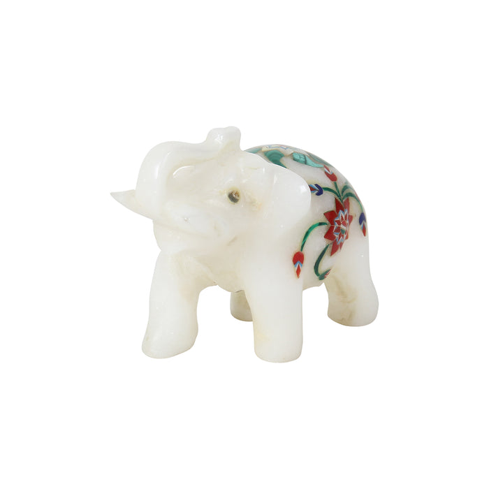 Faryar, White Marble Elephant Figurine Inlaid with Gemstones