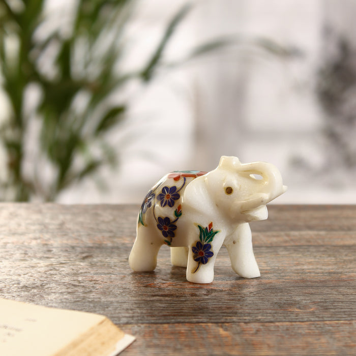 Faiz, White Marble Elephant Figurine Inlaid with Gemstones