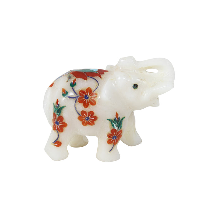 Ashar, White Marble Elephant Figurine Inlaid with Gemstones