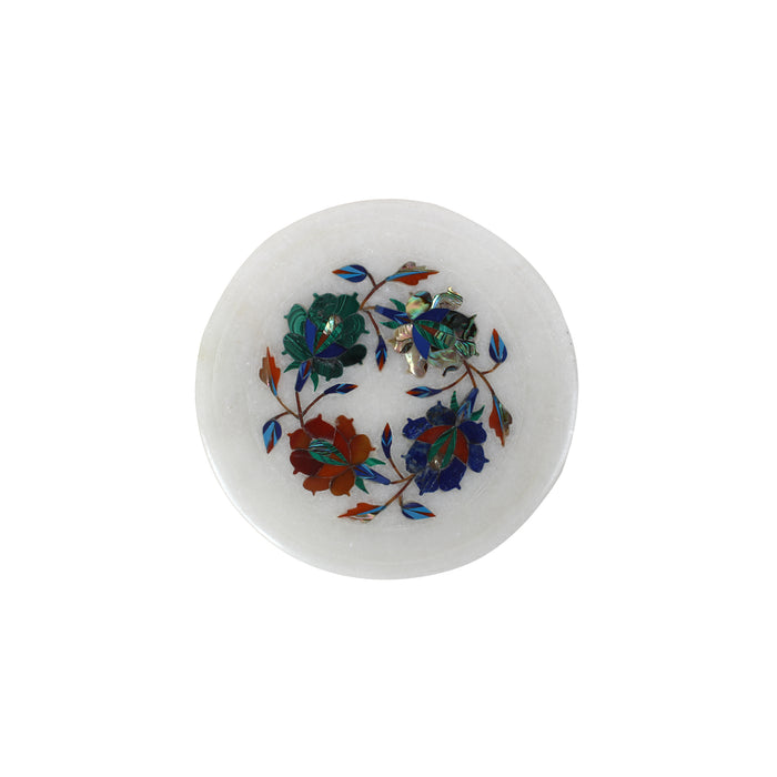 Inaya, White Marble Plate Inlaid with Gemstones