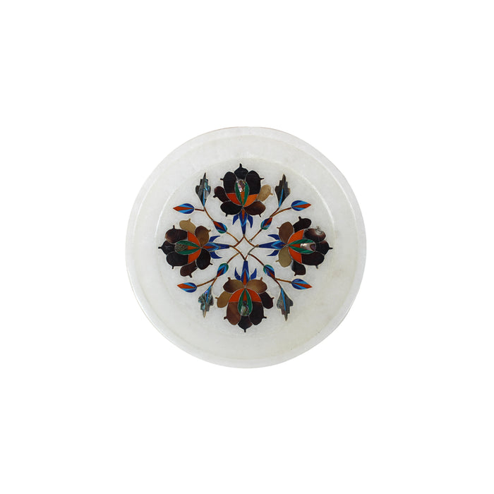 Sara, White Marble Plate Inlaid with Gemstones