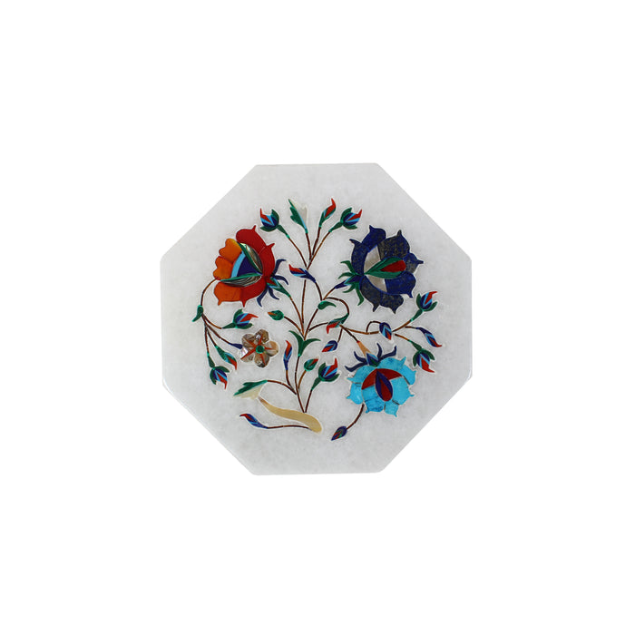 Rida, White Marble Plate Inlaid with Gemstones