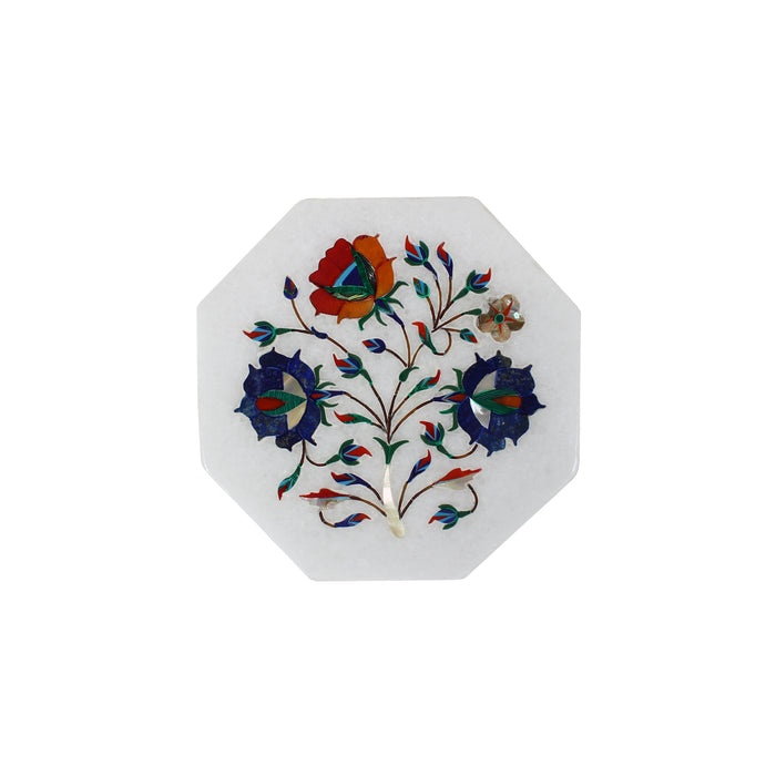 Saba, White Marble Plate Inlaid with Gemstones