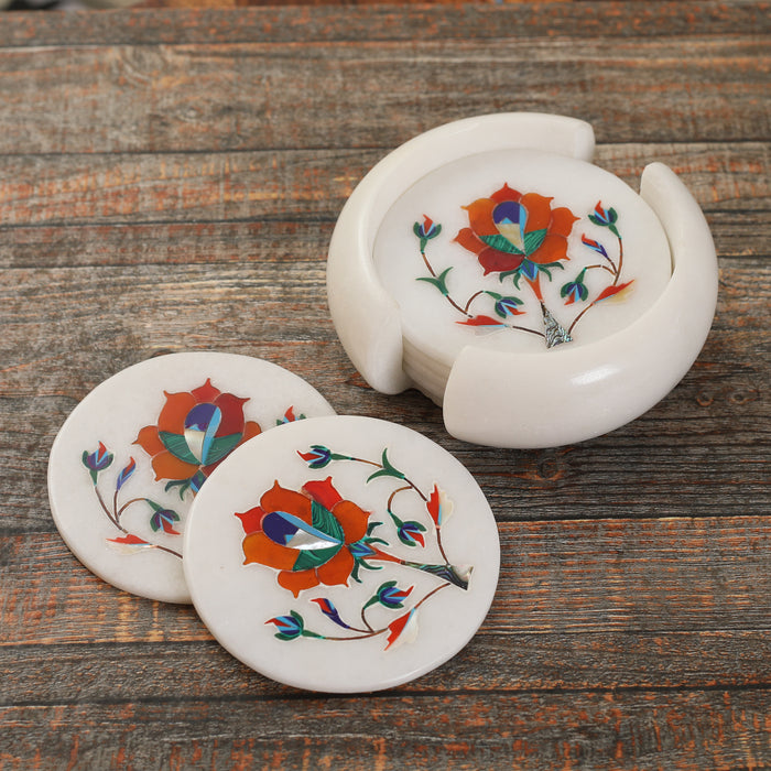 Gul, White Marble Coasters Inlaid with Gemstones