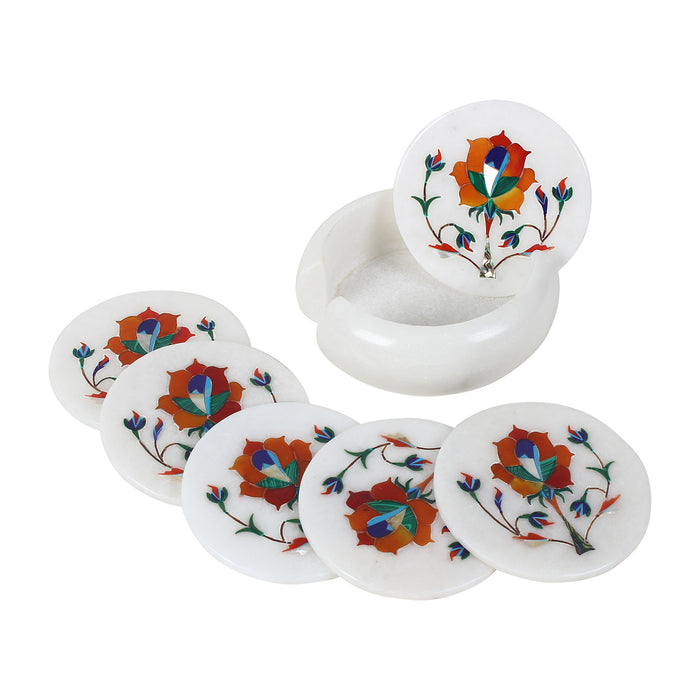 Gul, White Marble Coasters Inlaid with Gemstones