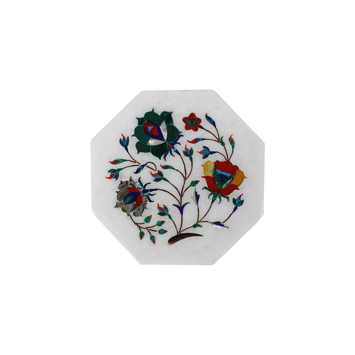 Asma, White Marble Plate Inlaid with Gemstones
