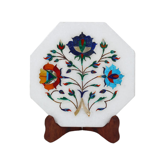 Ifra, White Marble Plate Inlaid with Gemstones
