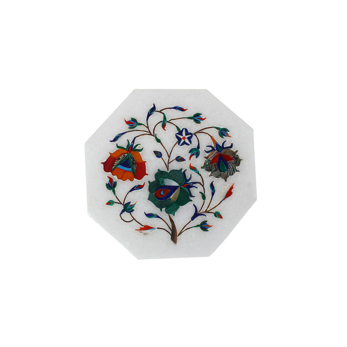 Zoha, White Marble Plate Inlaid with Gemstones